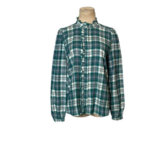 Loft green white plaid long sleeves ruffle button shirt size Small - Picture 10 of 16
